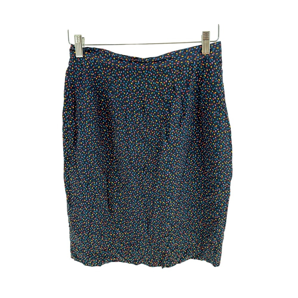 Vintage 100% Silk Ann Taylor Rainbow Polka Dot Pencil Skirt Black Size 8 Mod